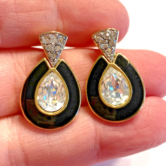 Dressy Pierced Earrings Classic Goldtone Black Enamel & Crystal Doorknocker Chic - Picture 5 of 5